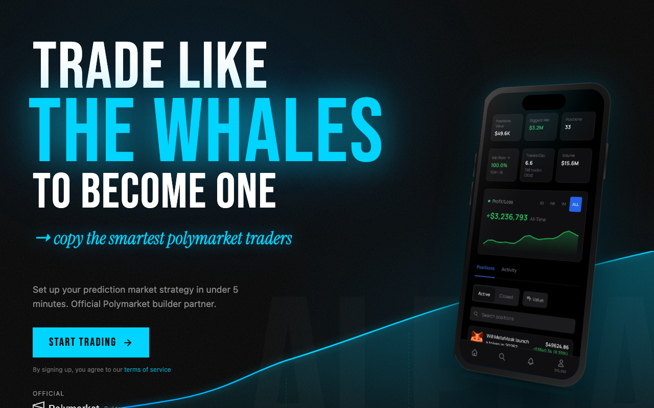 Alpha Whale homepage screenshot — Polymarket Trading Bot