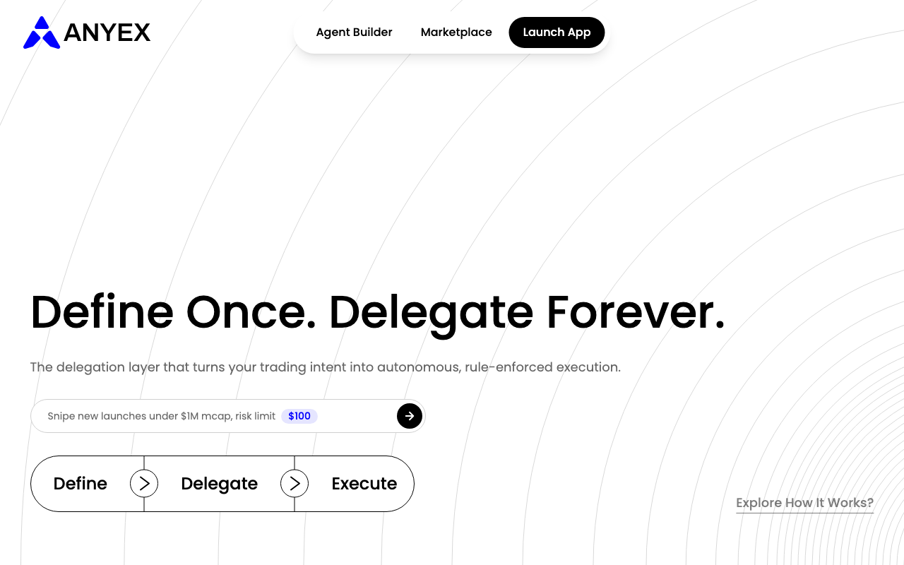 AnyEx homepage screenshot — Polymarket AI Agent