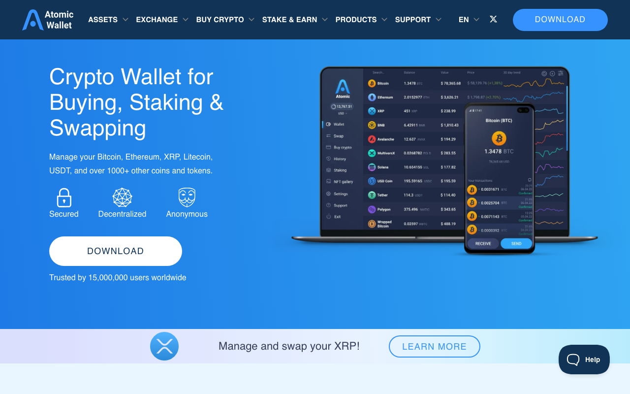 Atomic Wallet homepage screenshot — Polymarket Wallet