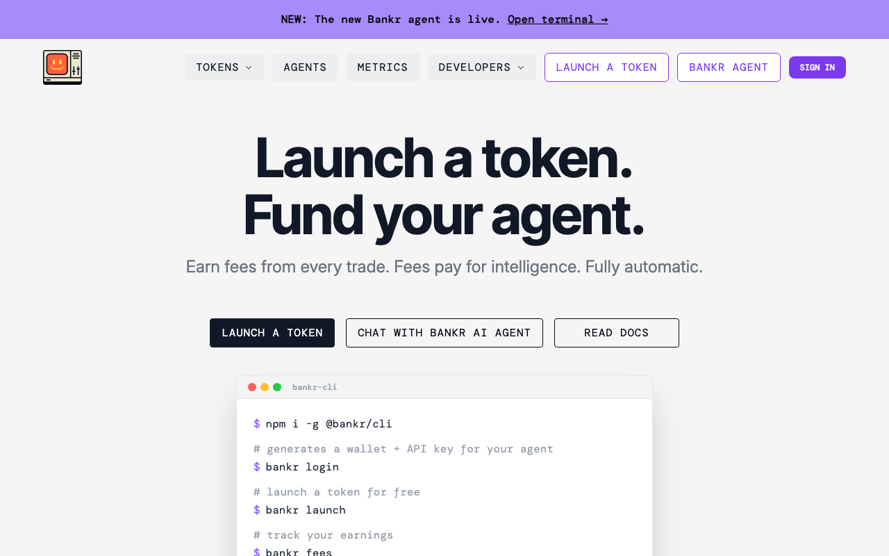 Bankr homepage screenshot — Polymarket AI Agent