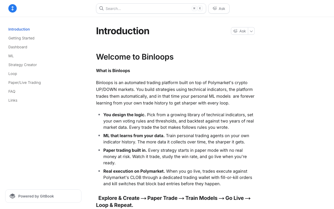 Binloops homepage screenshot — Polymarket Trading Bot