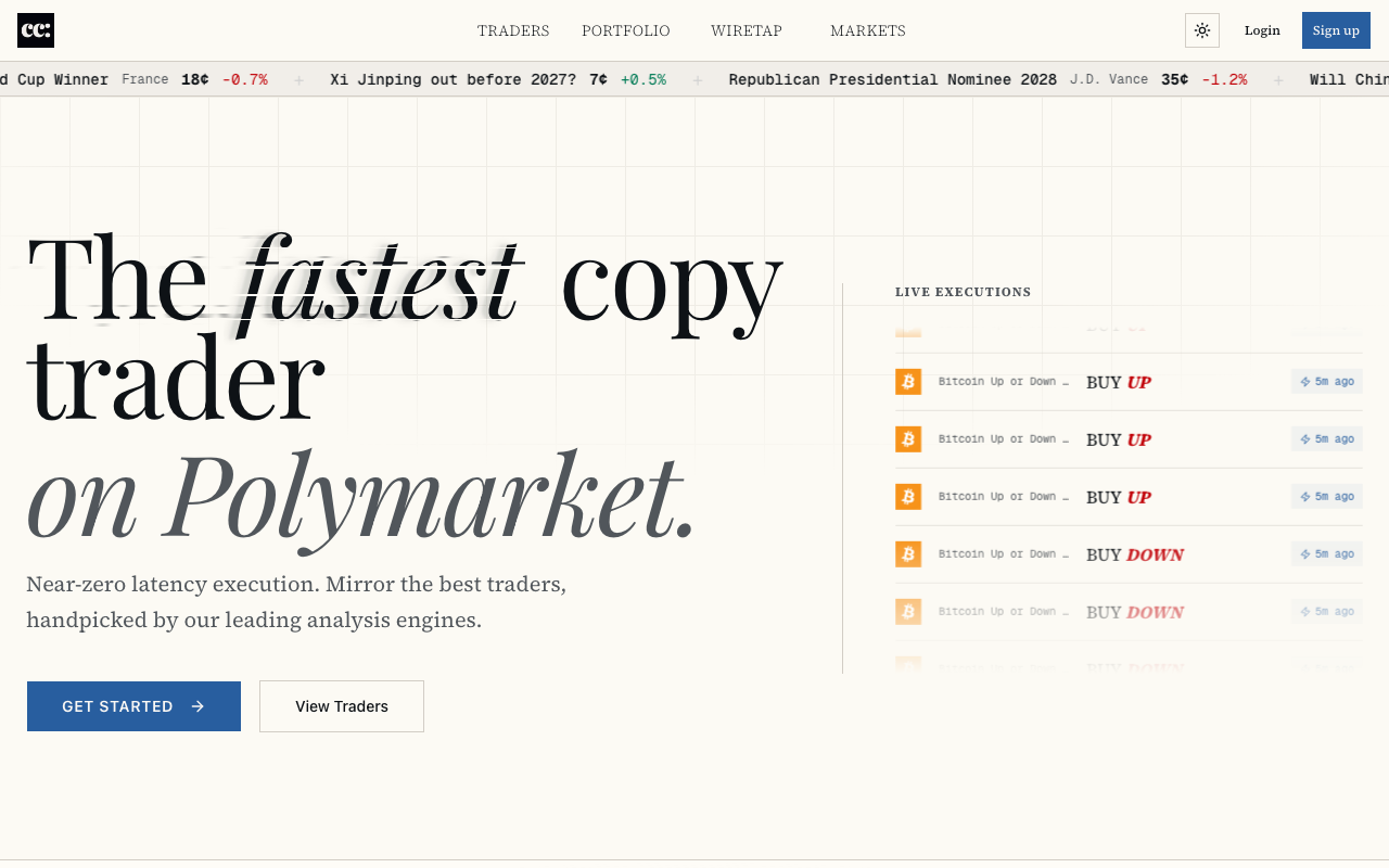 CarbonCopy homepage screenshot — Polymarket Trading Bot
