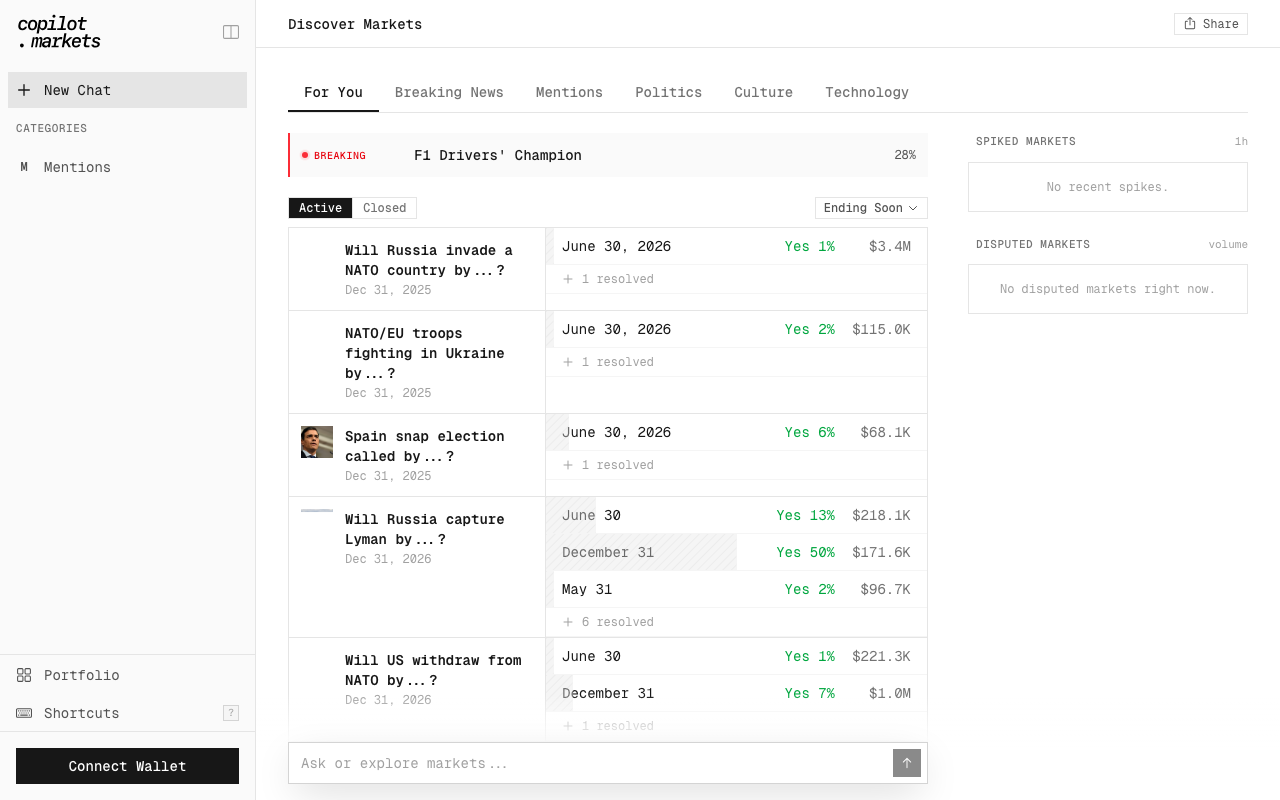 copilot.markets homepage screenshot — Polymarket AI Agent