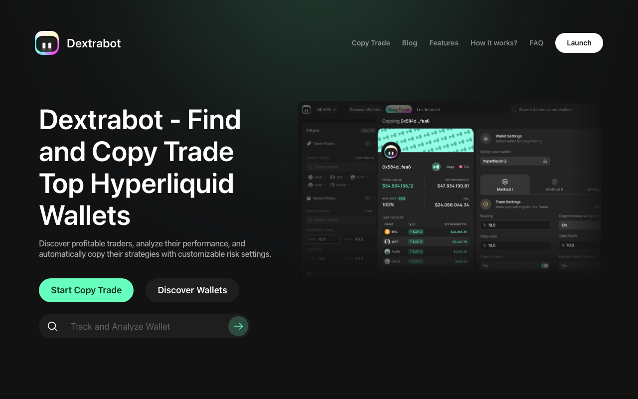 dextrabot homepage screenshot — Polymarket Trading Bot