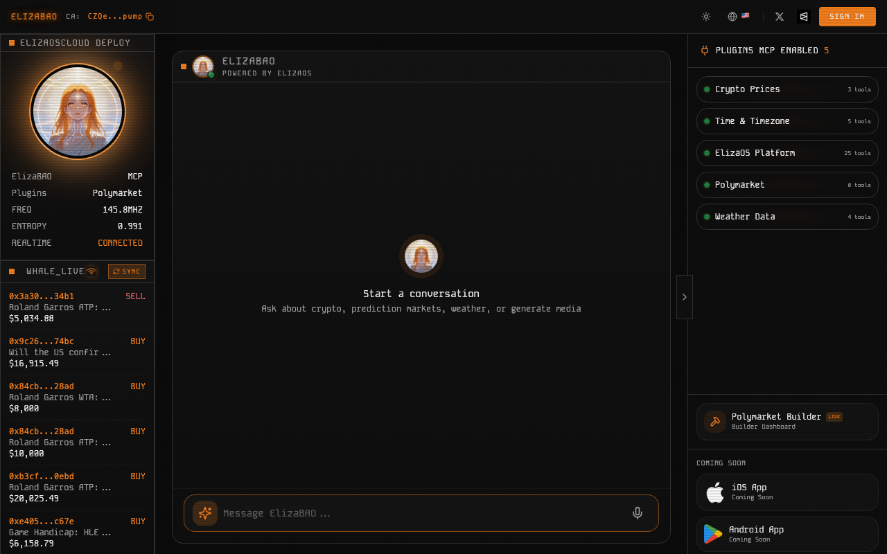 ElizaBAO homepage screenshot — Polymarket AI Agent