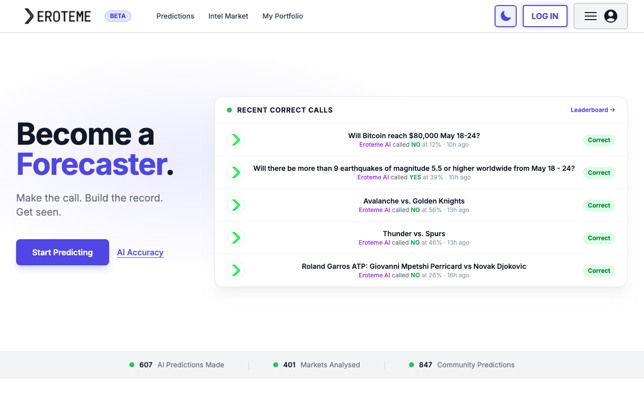 Eroteme homepage screenshot — Polymarket AI Agent