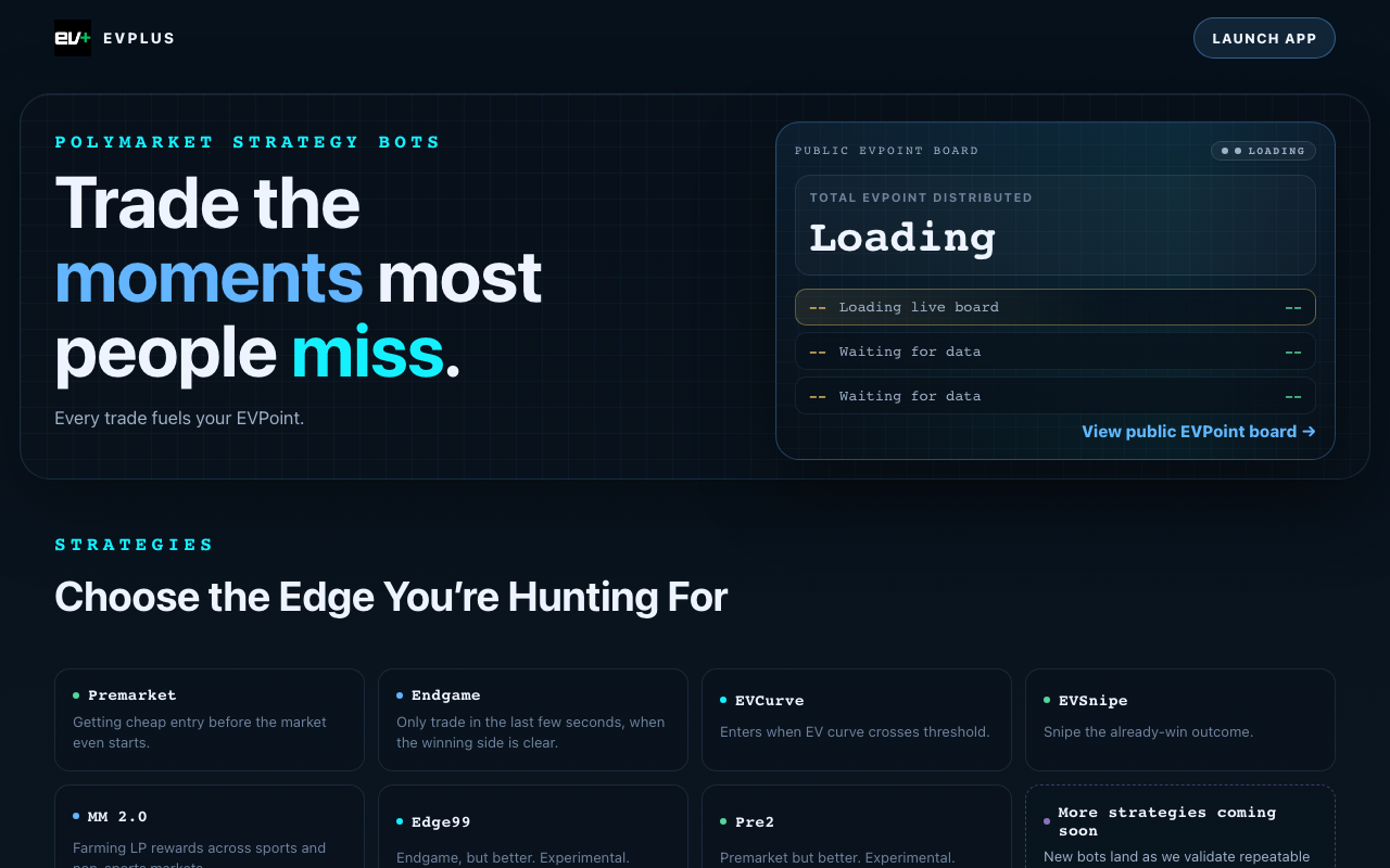 EVplusAI homepage screenshot — Polymarket AI Agent