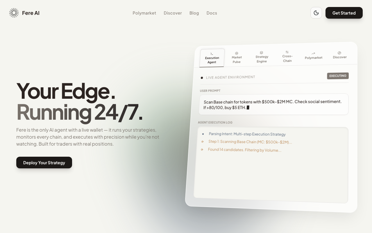 FereAI.xyz homepage screenshot — Polymarket AI Agent