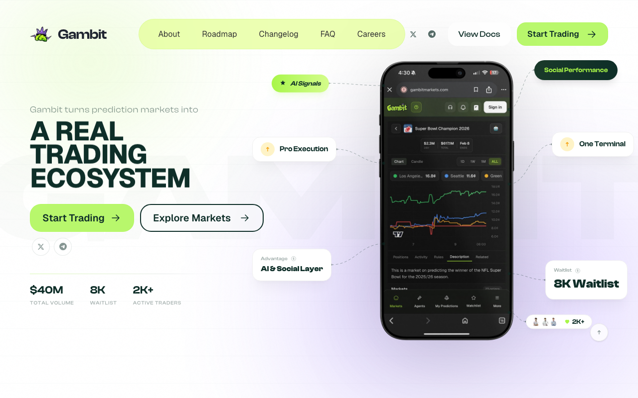 GambitMarkets homepage screenshot — Polymarket AI Agent