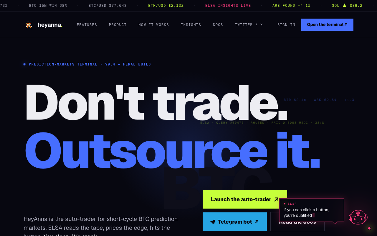 heyanna.trade homepage screenshot — Polymarket AI Agent