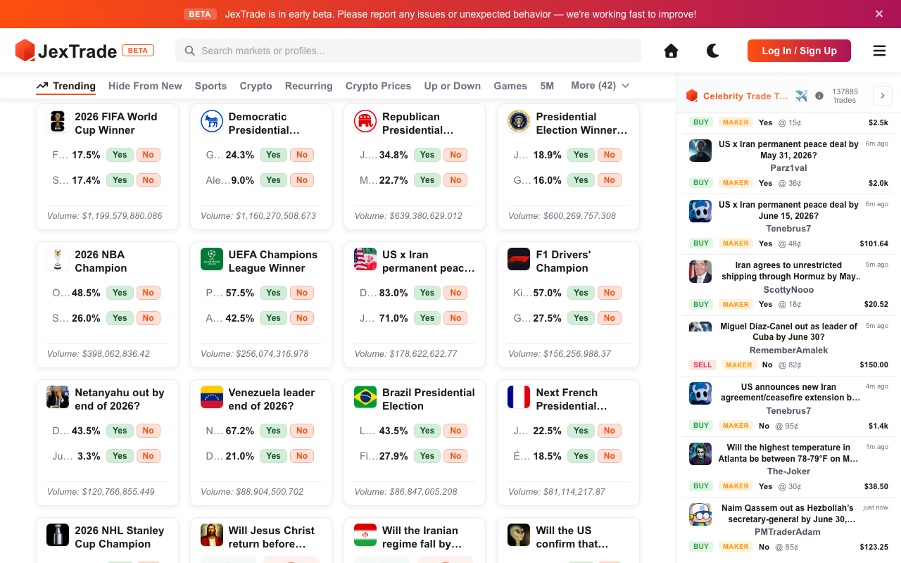 JexTrade.com homepage screenshot — Polymarket Trading Terminal
