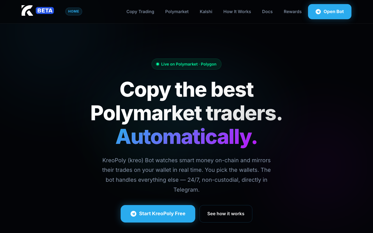 Kreo homepage screenshot — Polymarket Trading Bot