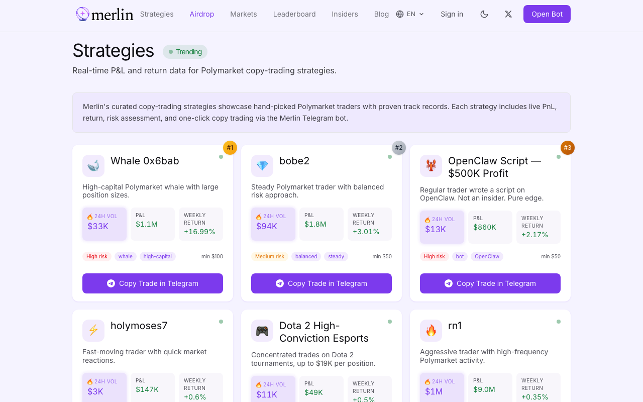 merlin.trade homepage screenshot — Polymarket Trading Bot