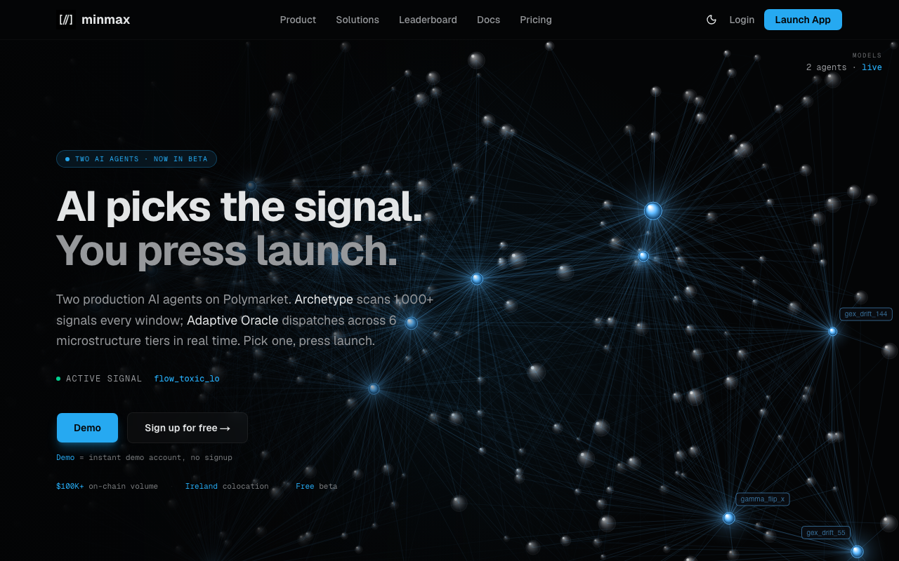 minmax one homepage screenshot — Polymarket AI Agent