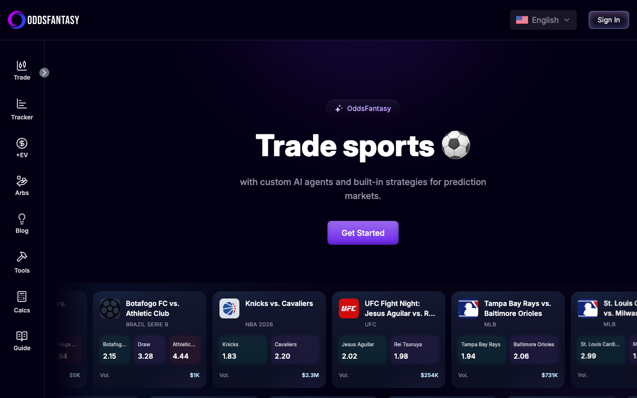 OddsFantasy homepage screenshot — Polymarket AI Agent