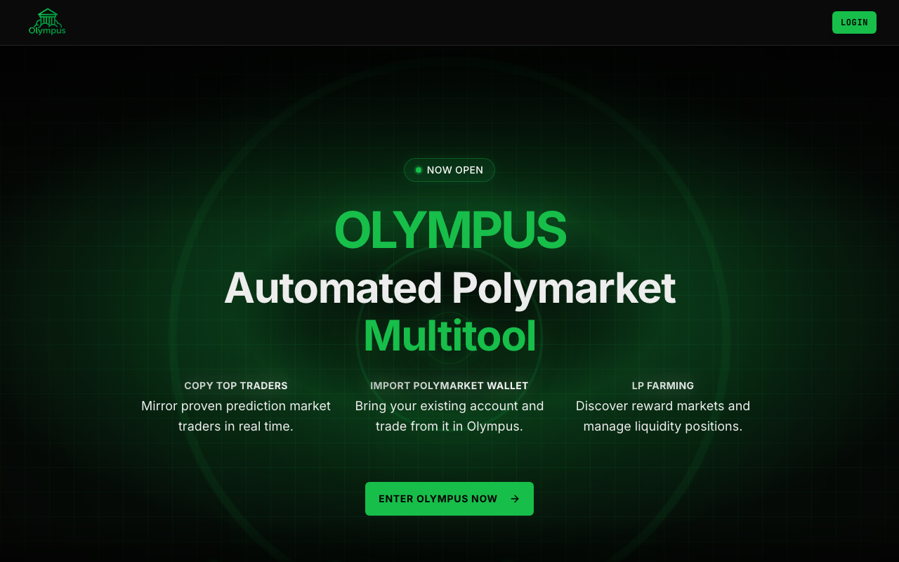 Olympusx.app homepage screenshot — Polymarket Trading Terminal