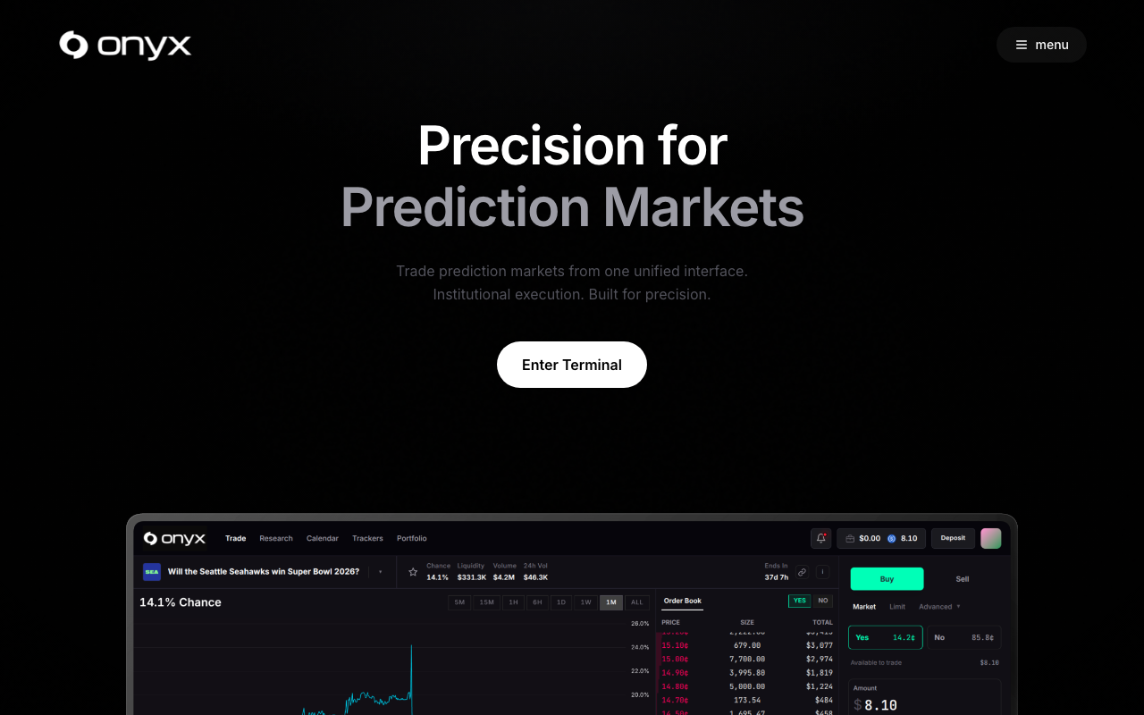 OnyxTerminal.xyz homepage screenshot — Polymarket Trading Terminal