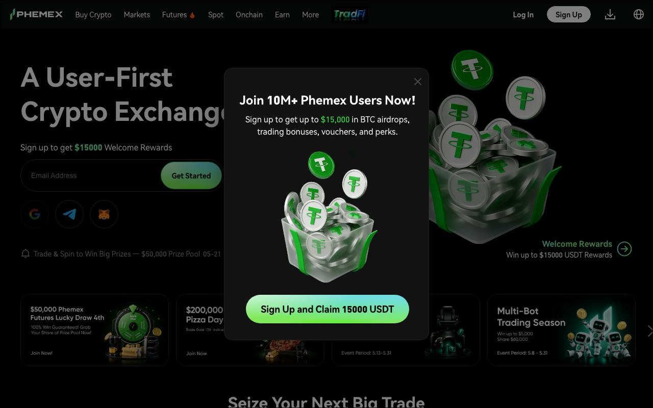 Phemex homepage screenshot — Polymarket Exchange