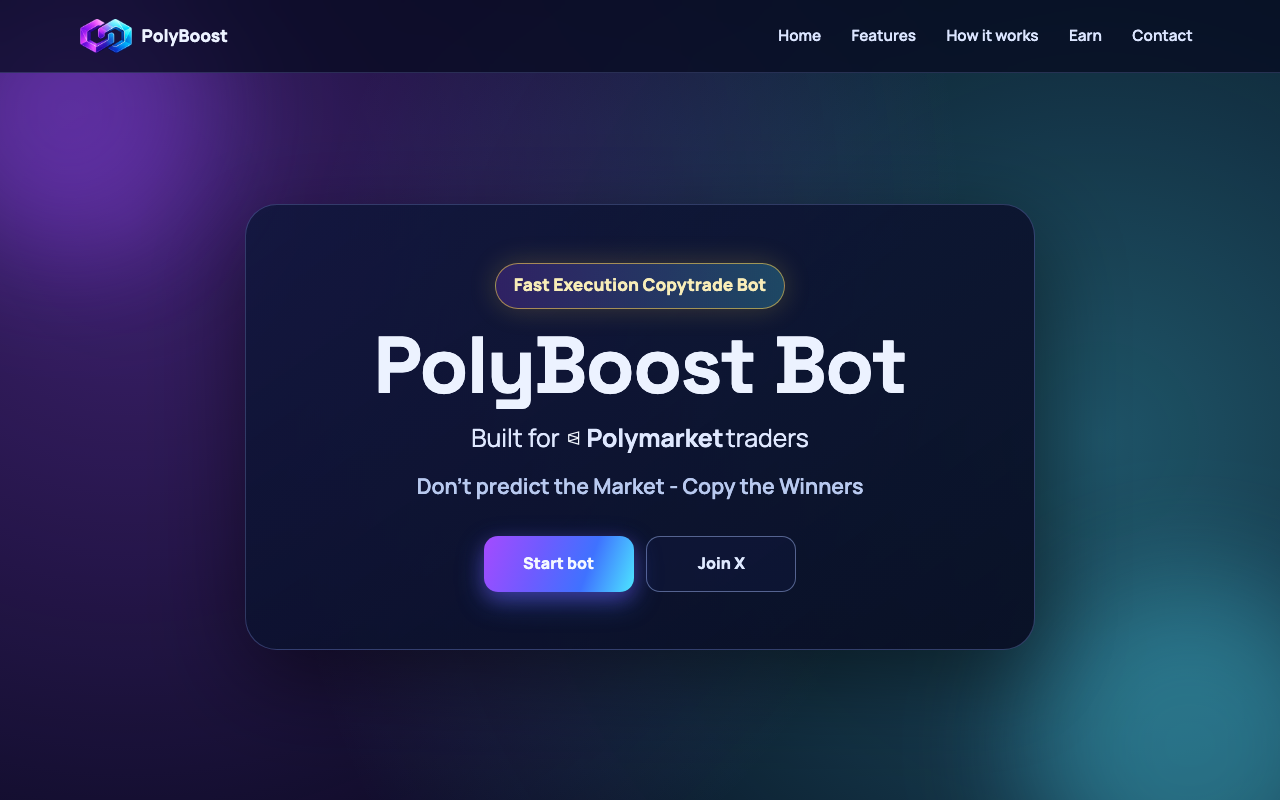 PolyBoost.trade homepage screenshot — Polymarket Trading Bot