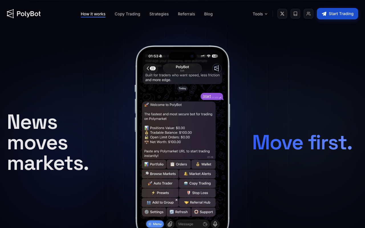 PolyBot homepage screenshot — Polymarket Trading Bot