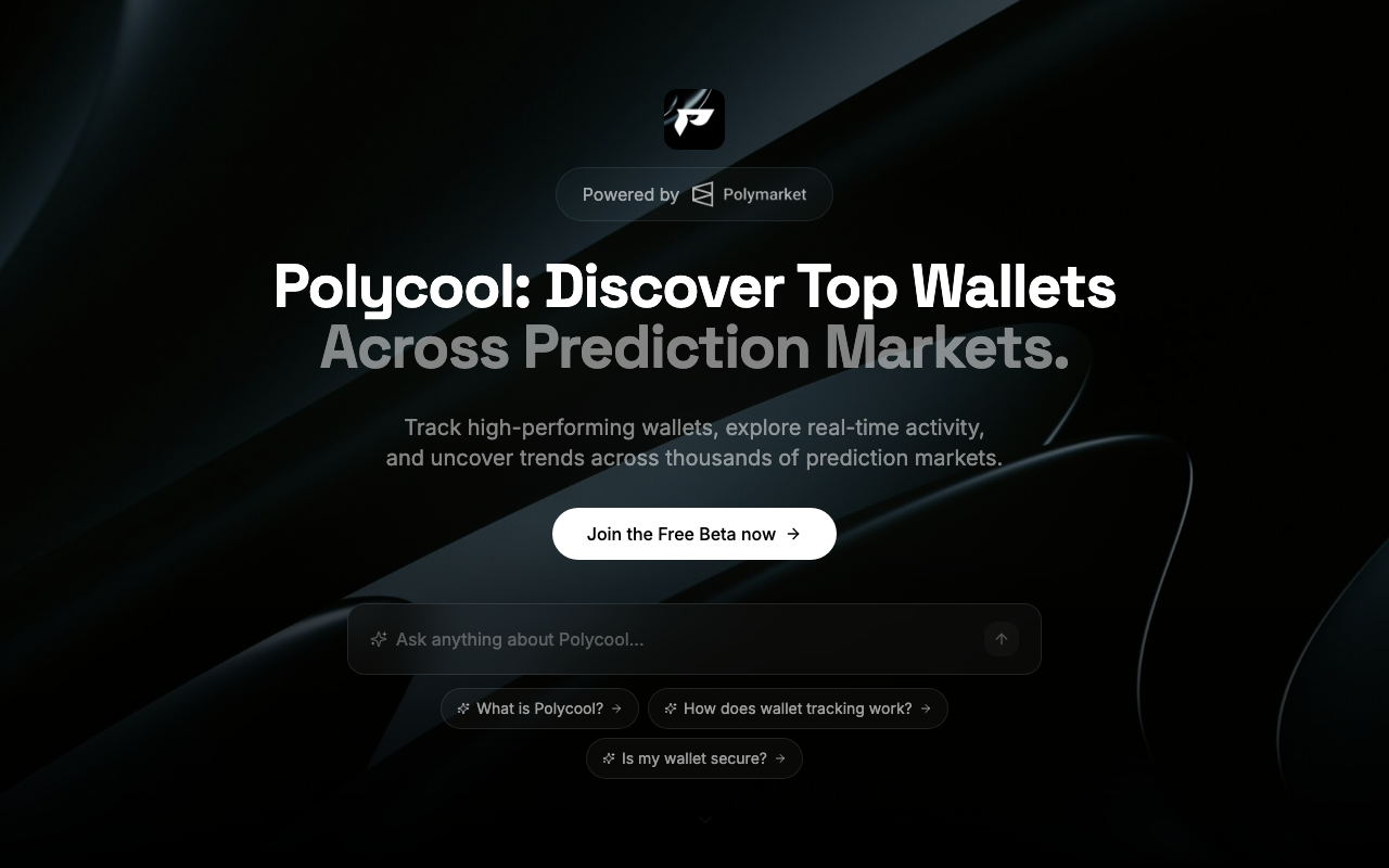 Polycool homepage screenshot — Polymarket Analytics