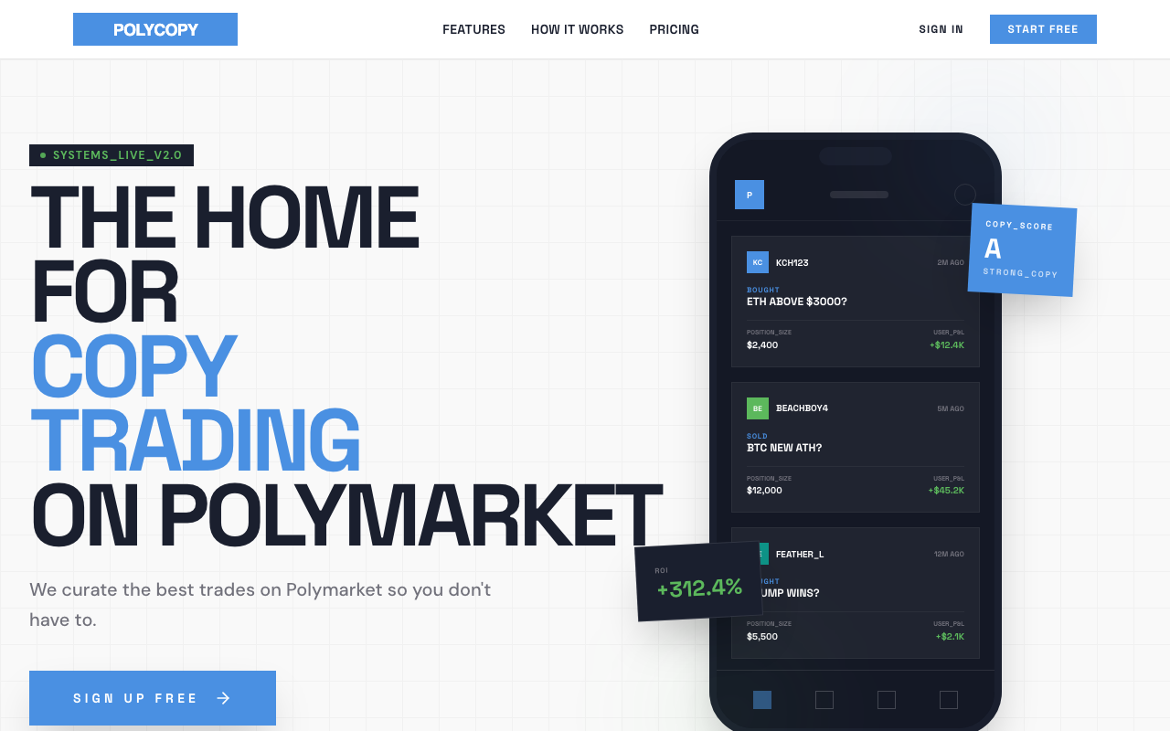 polycopy homepage screenshot — Polymarket Trading Bot