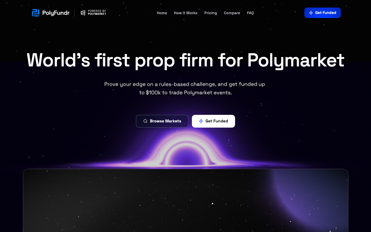 PolyFundr homepage screenshot — Polymarket Capital