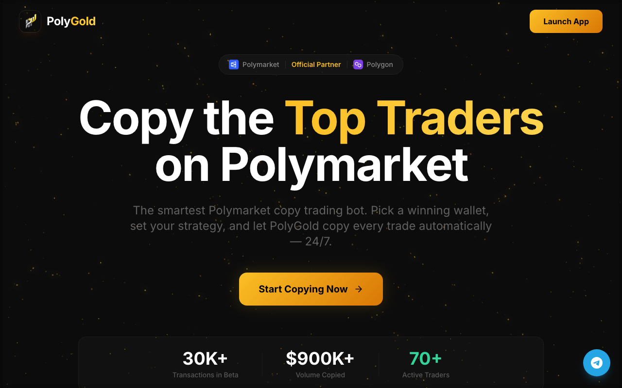 PolyGold.Trade homepage screenshot — Polymarket Trading Bot