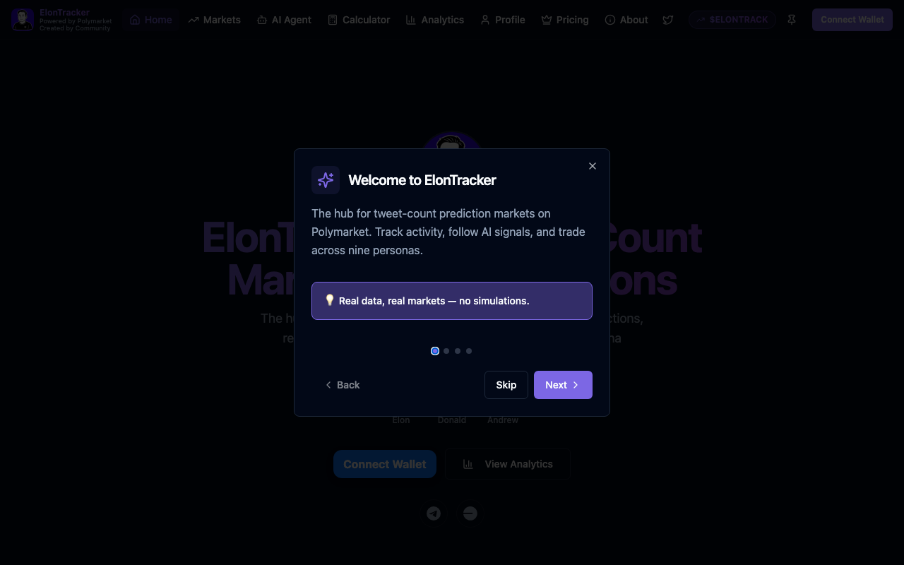 Polymarker Elon Tracker homepage screenshot — Polymarket AI Agent