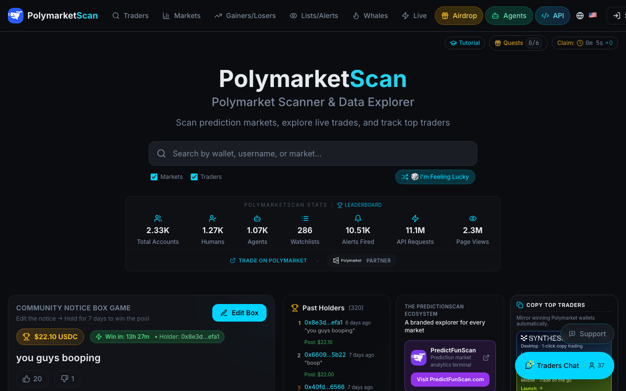polymarketscan homepage screenshot — Polymarket Analytics