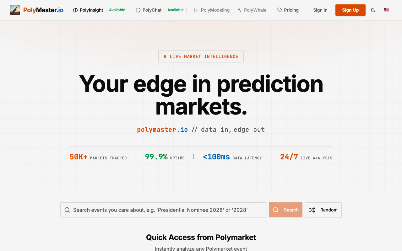 PolyMaster homepage screenshot — Polymarket Analytics