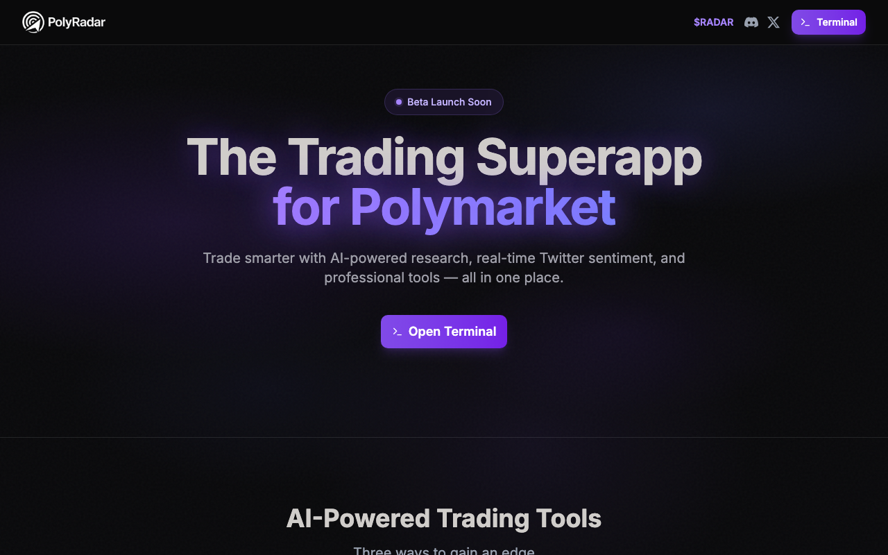 PolyRadar homepage screenshot — Polymarket AI Agent
