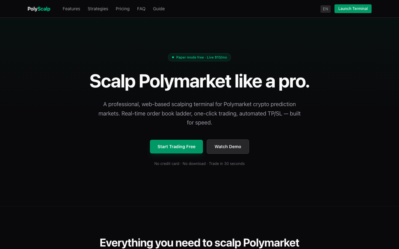 PolyScalp homepage screenshot — Polymarket Trading Terminal