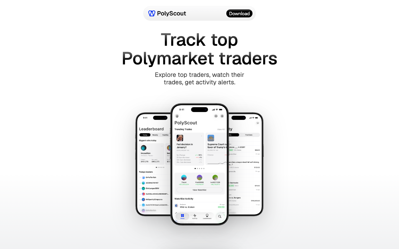 Polyscout homepage screenshot — Polymarket Analytics
