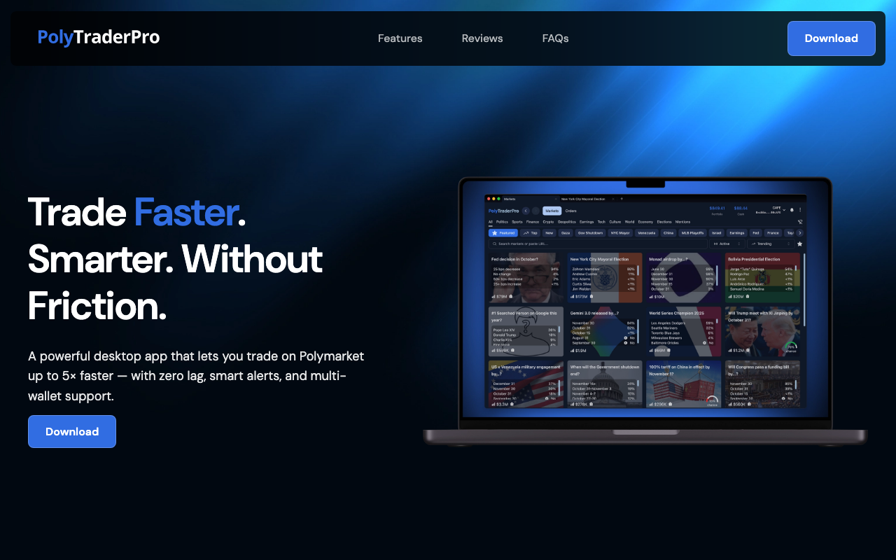 polytraderpro homepage screenshot — Polymarket Trading Terminal