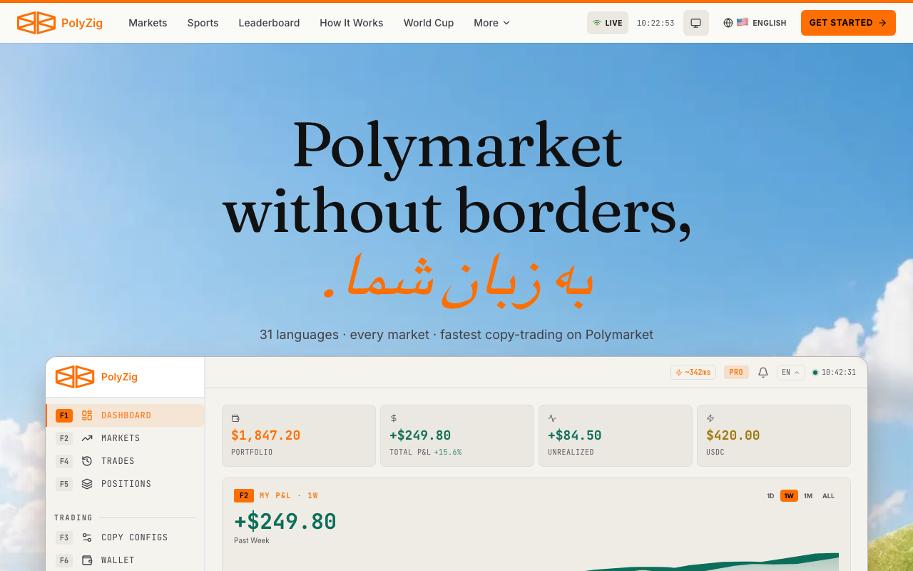 PolyZig homepage screenshot — Polymarket Trading Bot