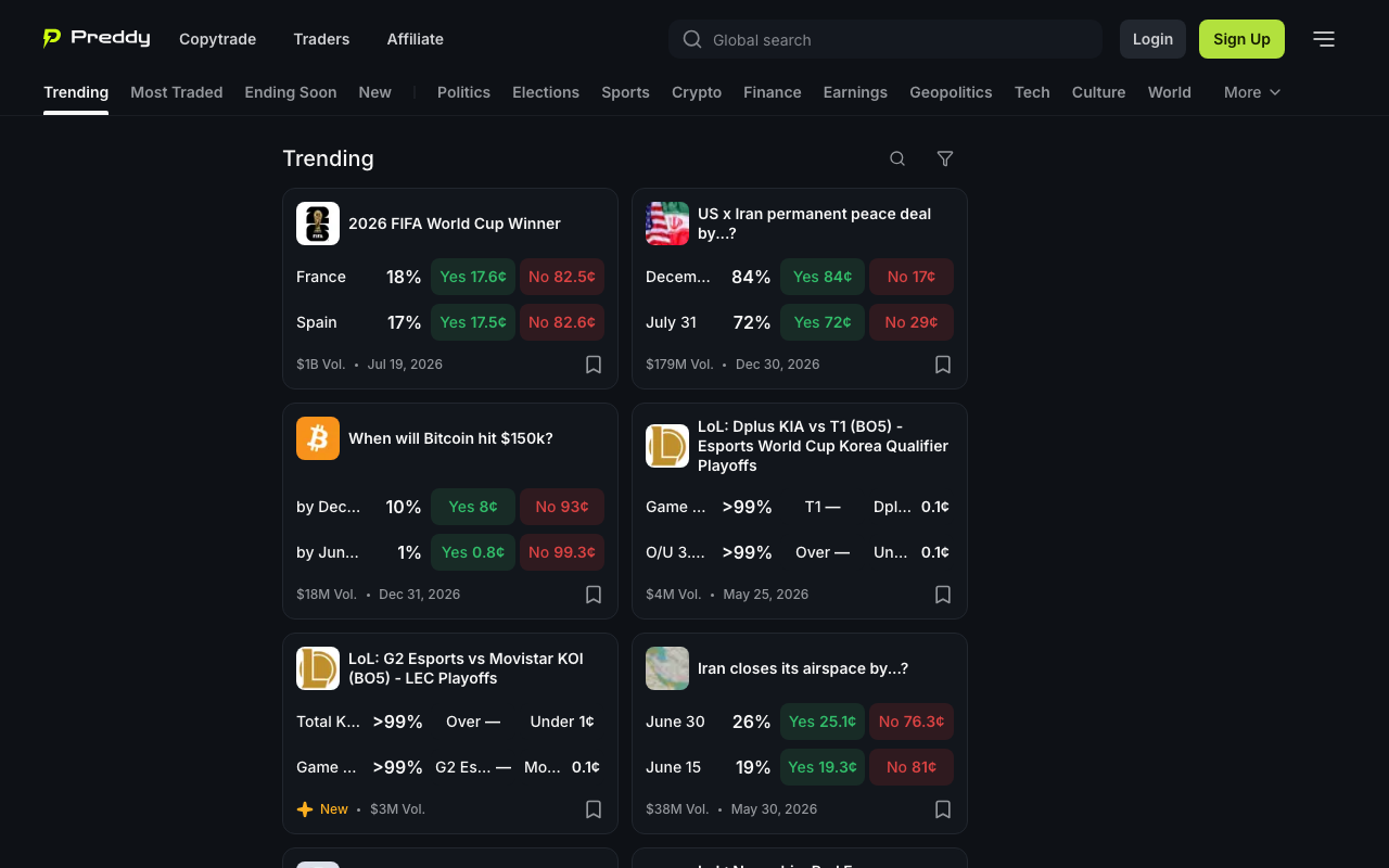 Preddy.trade homepage screenshot — Polymarket Aggregator