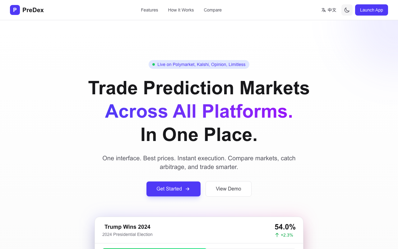 Predex homepage screenshot — Polymarket Aggregator