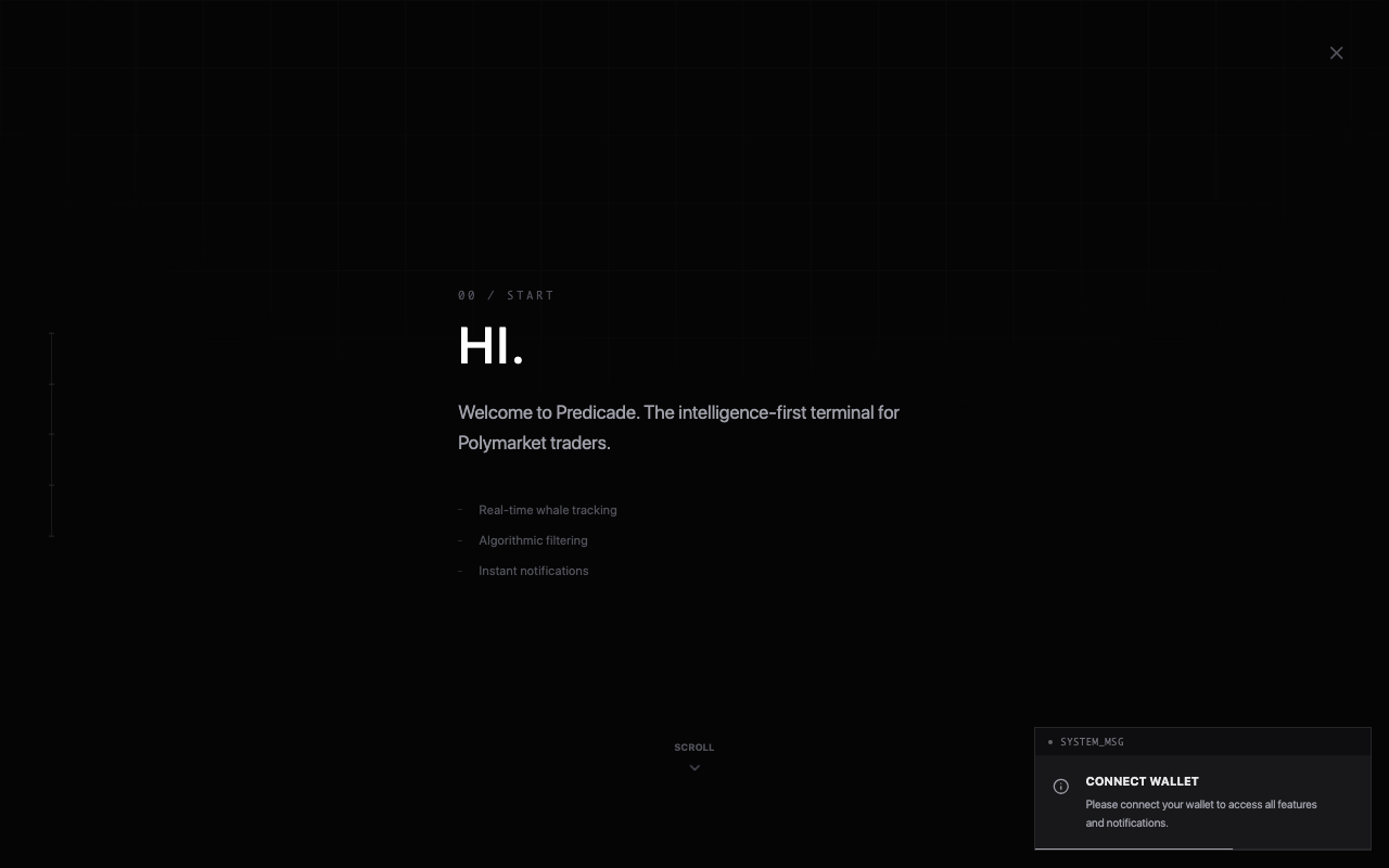 Predicade homepage screenshot — Polymarket Trading Terminal