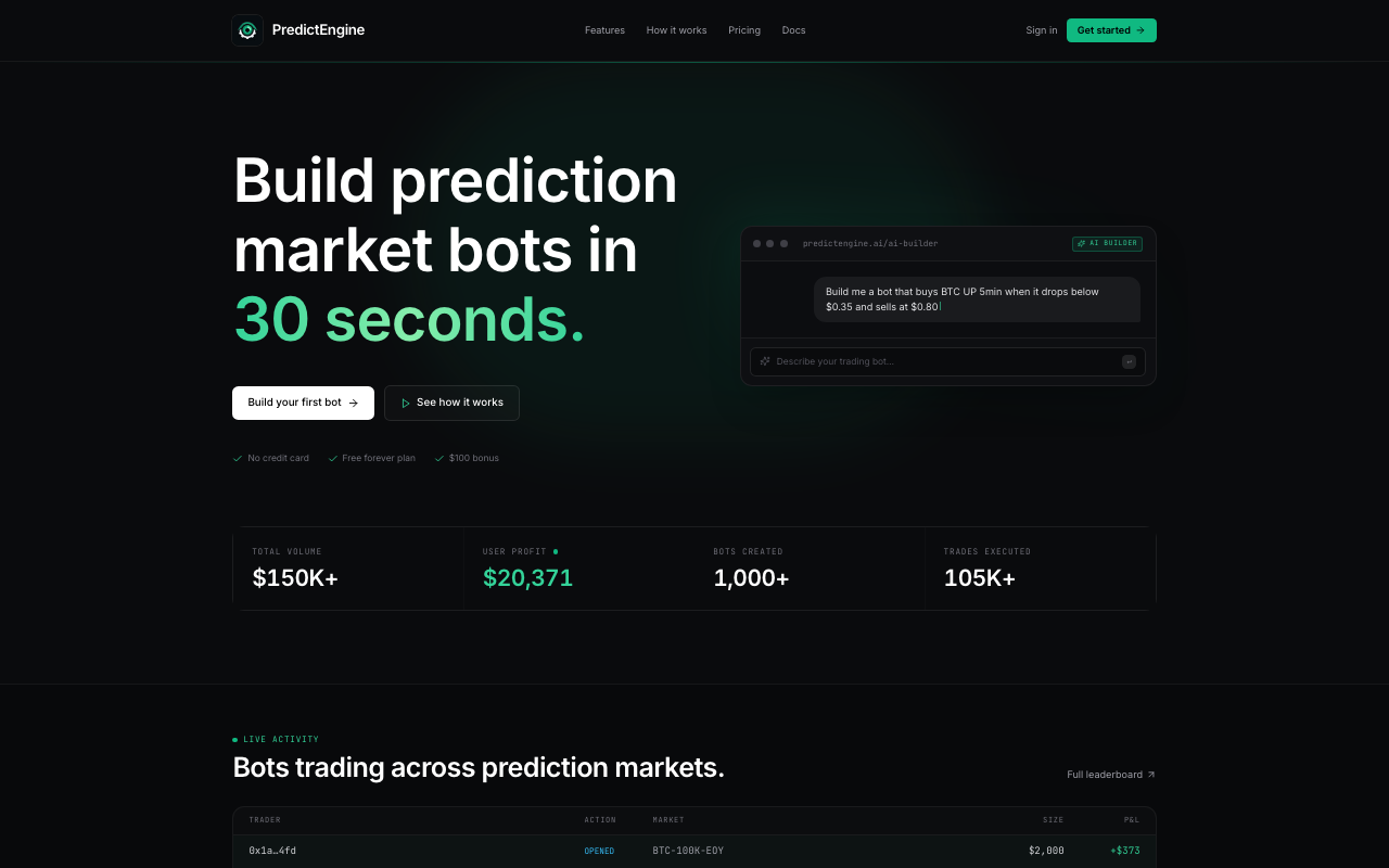 Predict Engine homepage screenshot — Polymarket Trading Bot