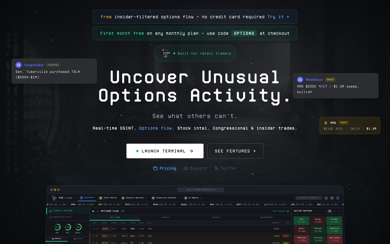 PvE.trade homepage screenshot — Polymarket Analytics