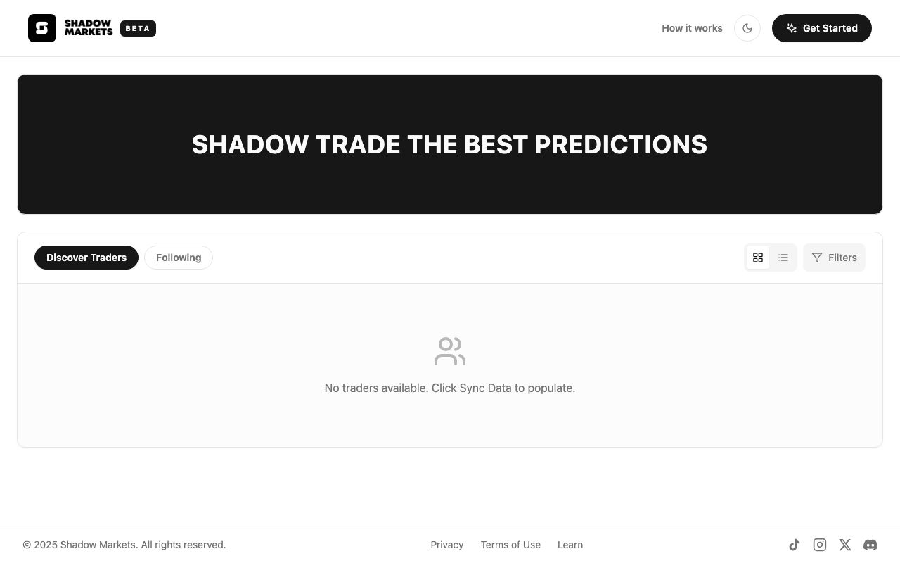 Shadow Markets homepage screenshot — Polymarket Trading Bot