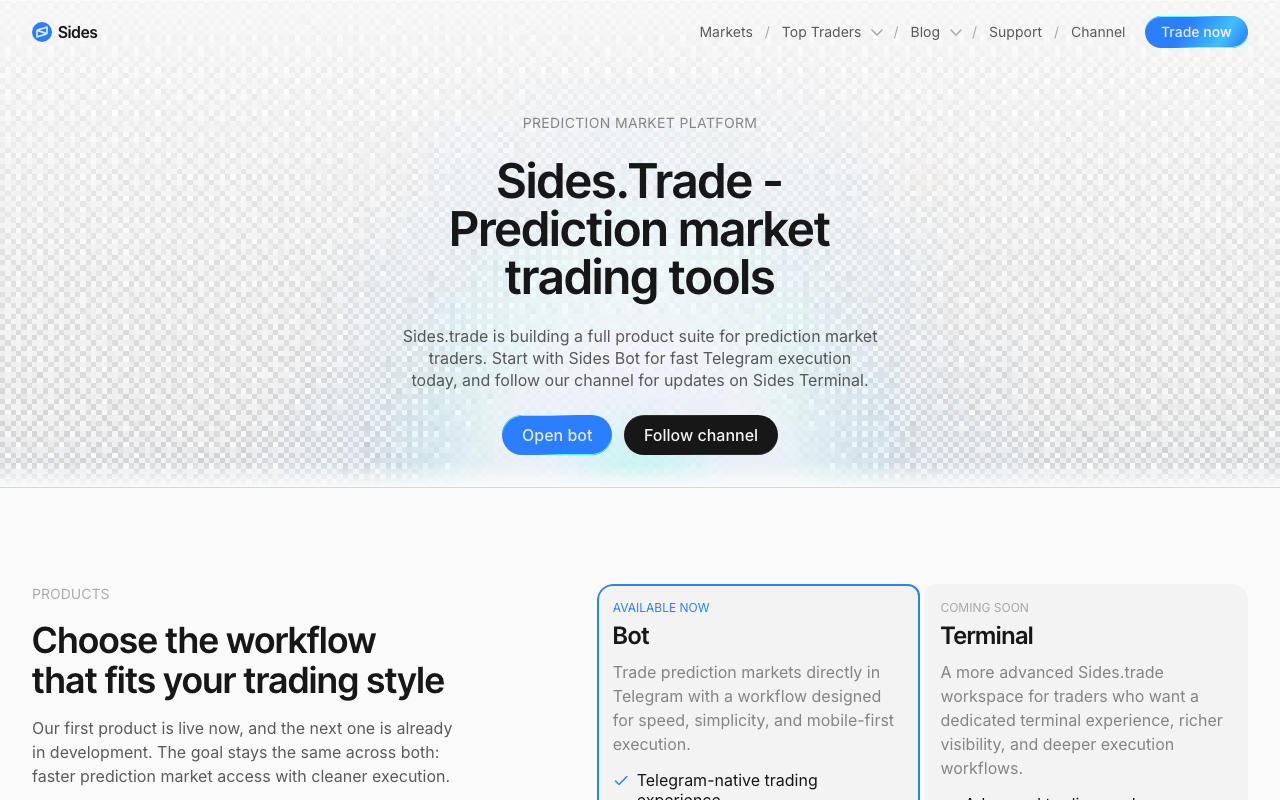 sides.trade homepage screenshot — Polymarket Trading Bot