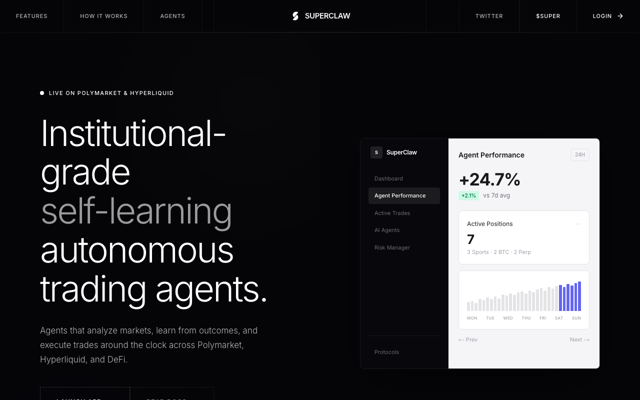 Superclaw homepage screenshot — Polymarket AI Agent