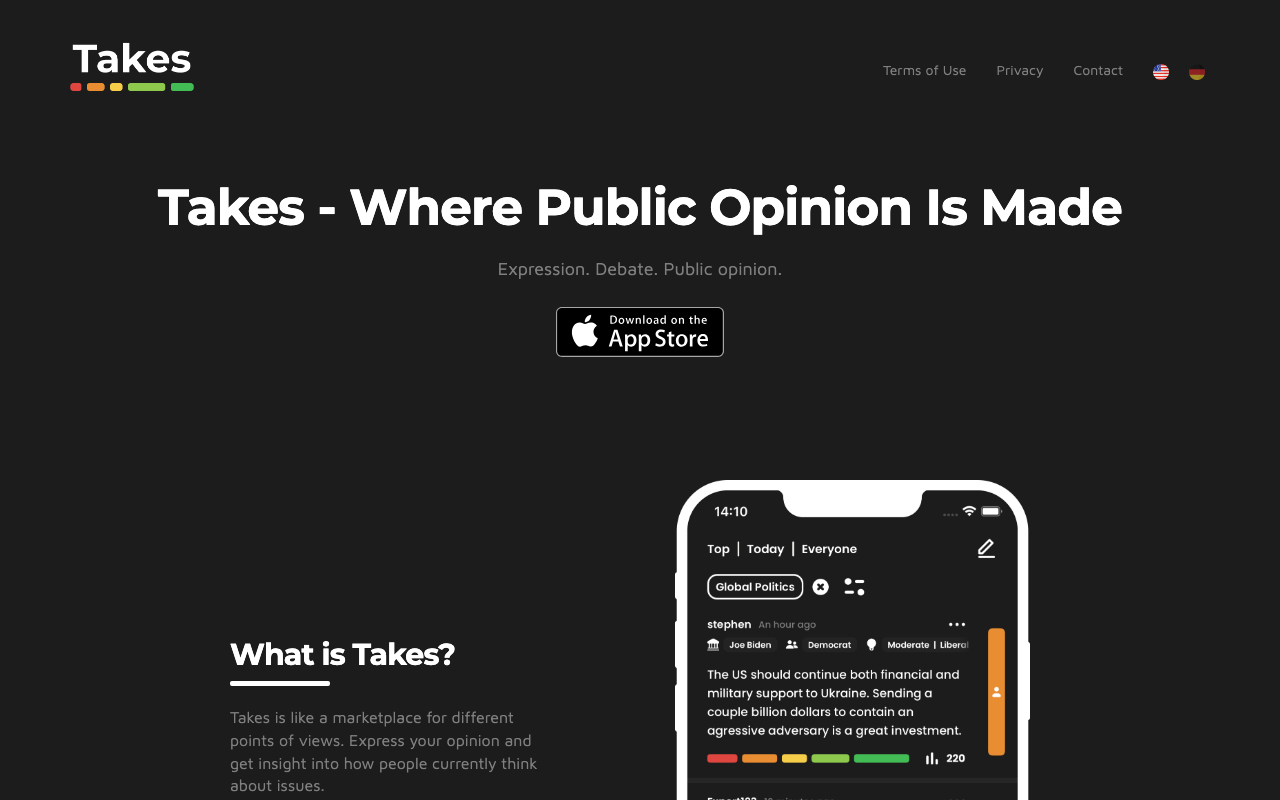 Takes App homepage screenshot — Polymarket AI Agent